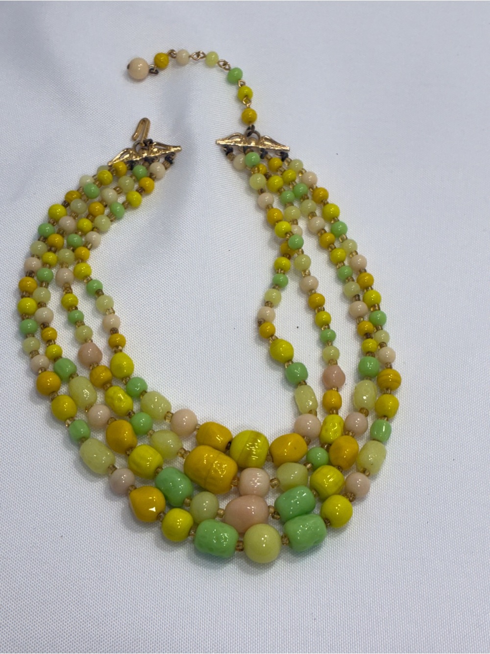 Vintage Multi-strand Pastel Bead Necklace - Yellow, Lime, Pale Peach Art Glass